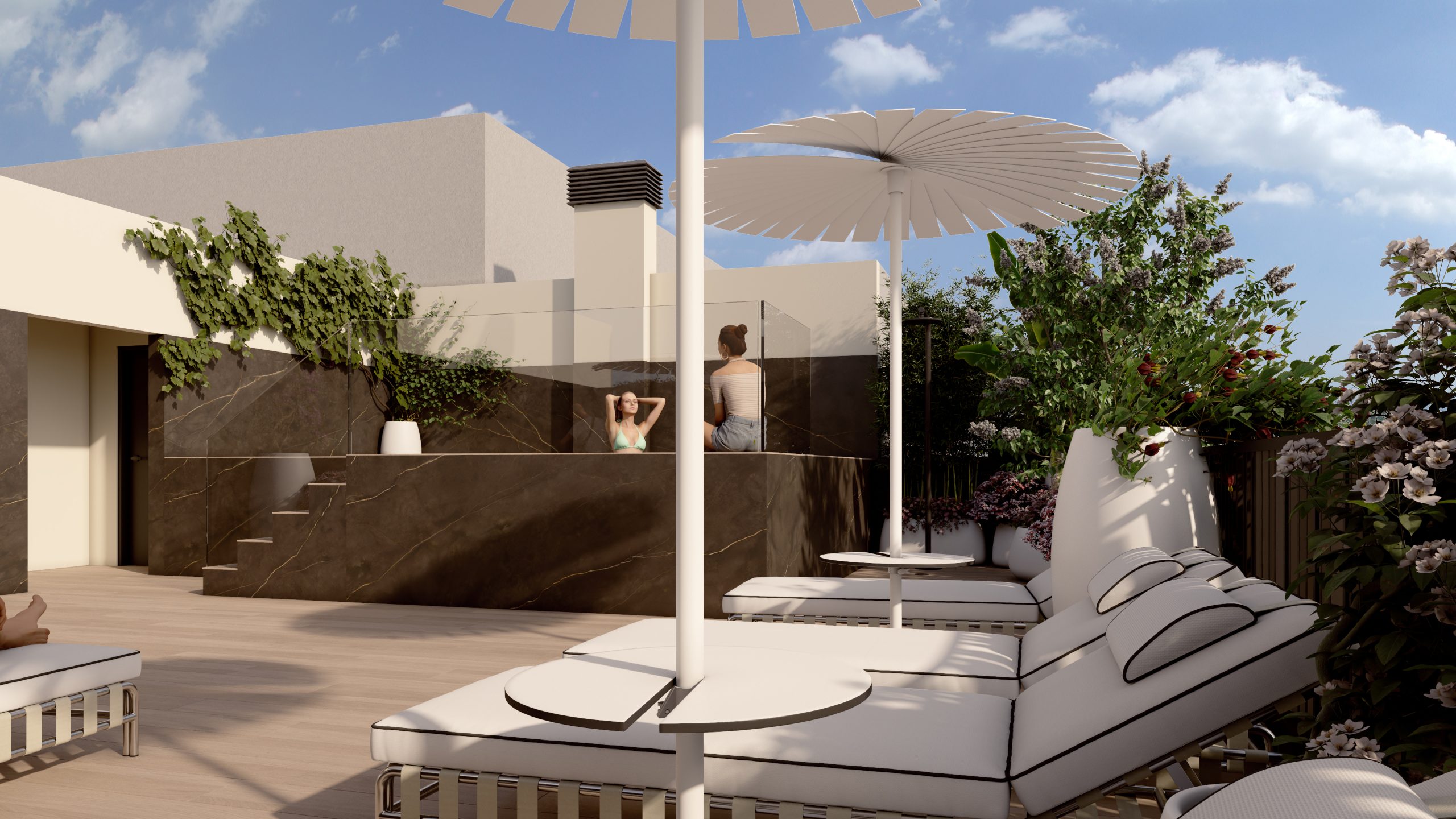 Terraza exterior con camastros, sombrilla blanca y plantas decorativas.